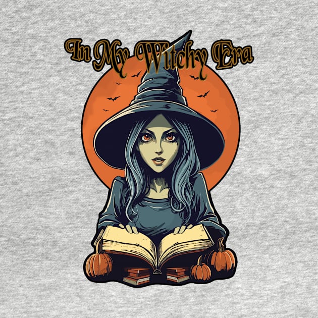 In My Witchy Era Tee Halloween Cute witch with moon behind and bats flying by KromADesign